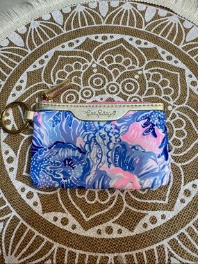 LILY PULITZER Coin Purse ID Case WALLET Blue & Pink & Gold TROPICAL